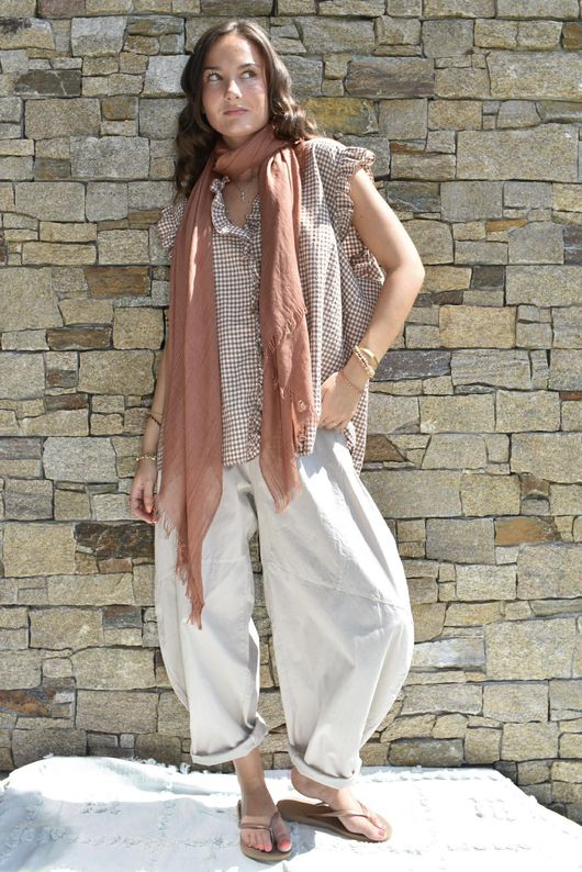 Arbi Gingham Y Blouse Hazelnut